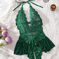 Sexy Hollow Lace See-through Suspenders Open Crotch One-piece Pajamas