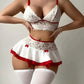 Deep V Sexy Lace Milk Silk Splicing with Stockings Pajamas Set