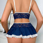 Deep V Sexy Lace Milk Silk Splicing with Stockings Pajamas Set