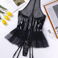 Sexy PU Patent Leather Halter Neck Hollow Mesh Skirt with Crotch Zipper Bodysuit