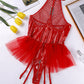 Sexy PU Patent Leather Halter Neck Hollow Mesh Skirt with Crotch Zipper Bodysuit