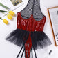 Sexy PU Patent Leather Halter Neck Hollow Mesh Skirt with Crotch Zipper Bodysuit