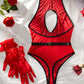 Diamond Print Mesh Splicing Hollow Halter Neck Sexy Bodysuit