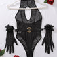 Diamond Print Mesh Splicing Hollow Halter Neck Sexy Bodysuit