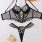 Heart Embroidered See-Through Cross Strap Sexy Shaping Underwear Set