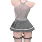 Sexy Schoolgirl Uniform Fishnet Pleated Skirt Pajamas with Stockings Set