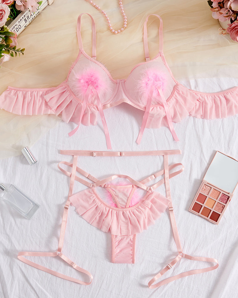 Plush Ball Pleated Skirt See-through Mesh Sexy Underwear Set