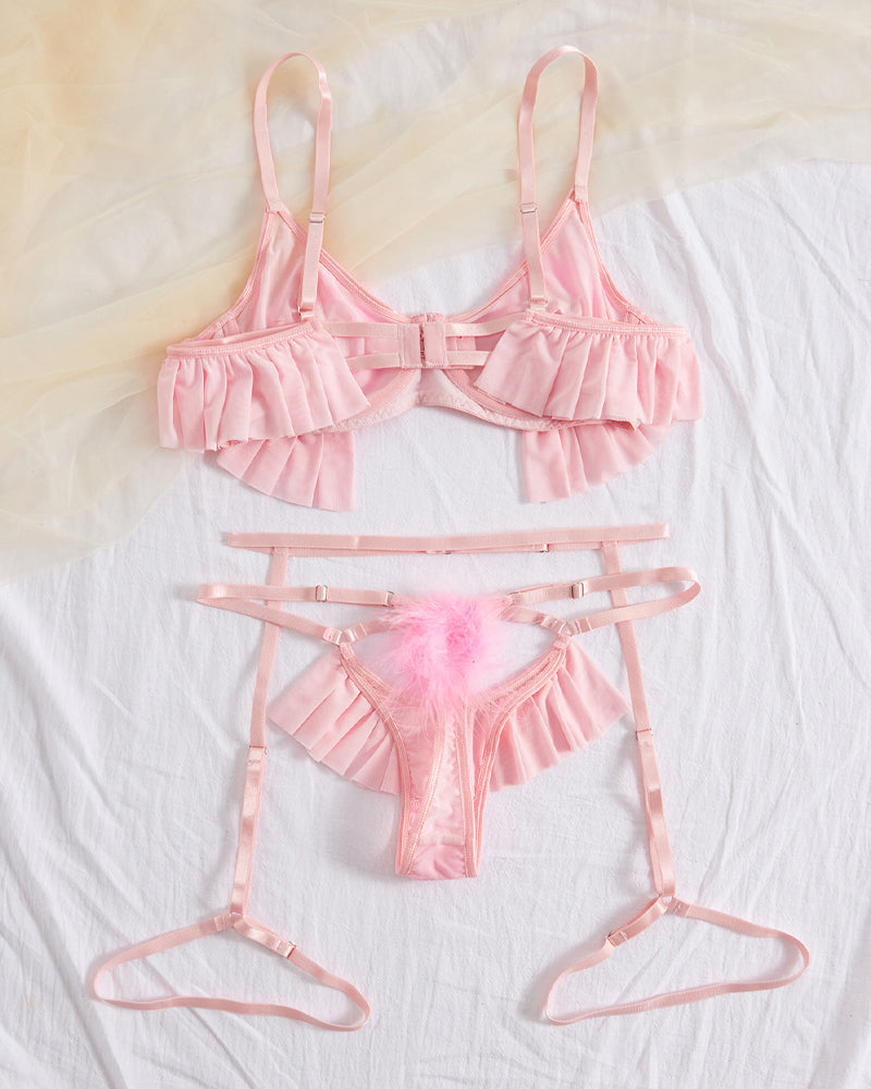 Plush Ball Pleated Skirt See-through Mesh Sexy Underwear Set