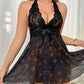 Deep V Halterneck Lace Sexy Mesh Halloween Christmas Print Nightdress