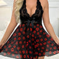 Deep V Halterneck Lace Sexy Mesh Halloween Christmas Print Nightdress
