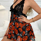 Deep V Halterneck Lace Sexy Mesh Halloween Christmas Print Nightdress