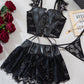 Sexy PU Leather Stitching Lace See-through Strappy Lingerie Set