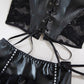Sexy PU Leather Stitching Lace See-through Strappy Lingerie Set