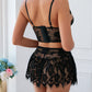 Sexy PU Leather Stitching Lace See-through Strappy Lingerie Set