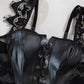 Sexy PU Leather Stitching Lace See-through Strappy Lingerie Set
