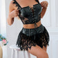 Sexy PU Leather Stitching Lace See-through Strappy Lingerie Set