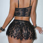 Sexy PU Leather Stitching Lace See-through Strappy Lingerie Set
