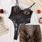 Leopard Print Sexy Lace See-Through Mesh Splicing Wire Ring Gathered Bodysuit with Apron Set