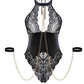 Deep V Halterneck Patent Leather Lace Splicing Bondage Metal Chain Sexy Lingerie