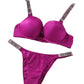 Sparkling Diamond Wide Strap Letter Rhinestone Sexy Push-Up Bra Set