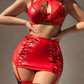 See Through Mesh Leather Stitching Lace Up Lingerie Set