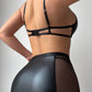 See Through Mesh Leather Stitching Lace Up Lingerie Set