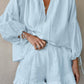 Women's Fashion Cotton and Linen Solid Color Loose V-Neck Lantern Sleeve Shorts Two-Piece Set