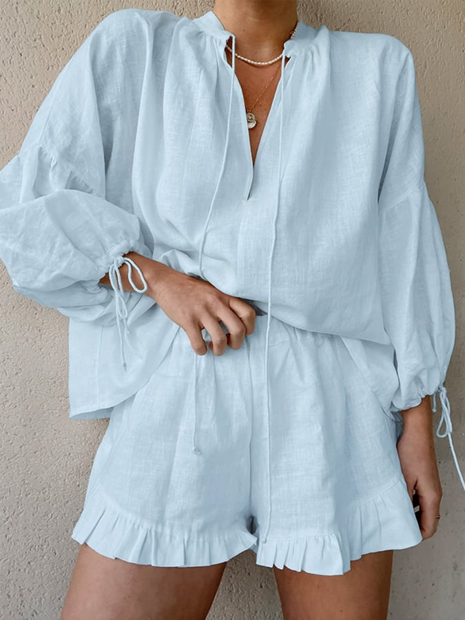 Women's Fashion Cotton and Linen Solid Color Loose V-Neck Lantern Sleeve Shorts Two-Piece Set