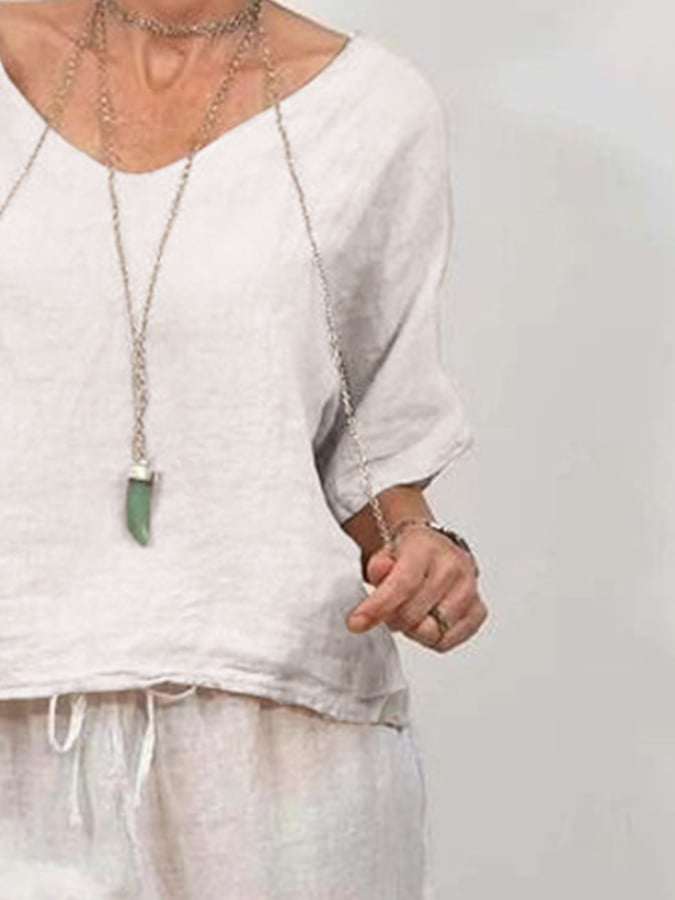 Women'S Casual V-Neck Pullover With Half Sleeves + Long Pants Two-Piece Suit