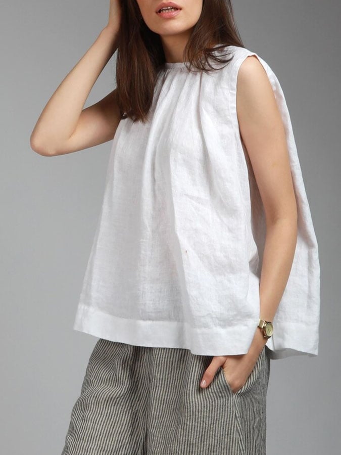 Women'S Casual Solid Color Cotton And Linen Loose Top