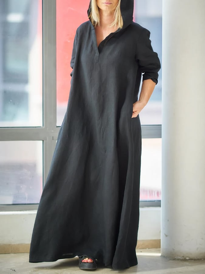 Women's Casual Solid Color Vintage Hooded Pullover Dress