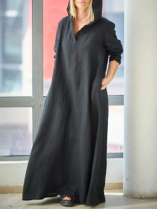 Women's Casual Solid Color Vintage Hooded Pullover Dress