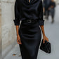 Elegant Satin Draped-Collar Midi Dress With Black Belt