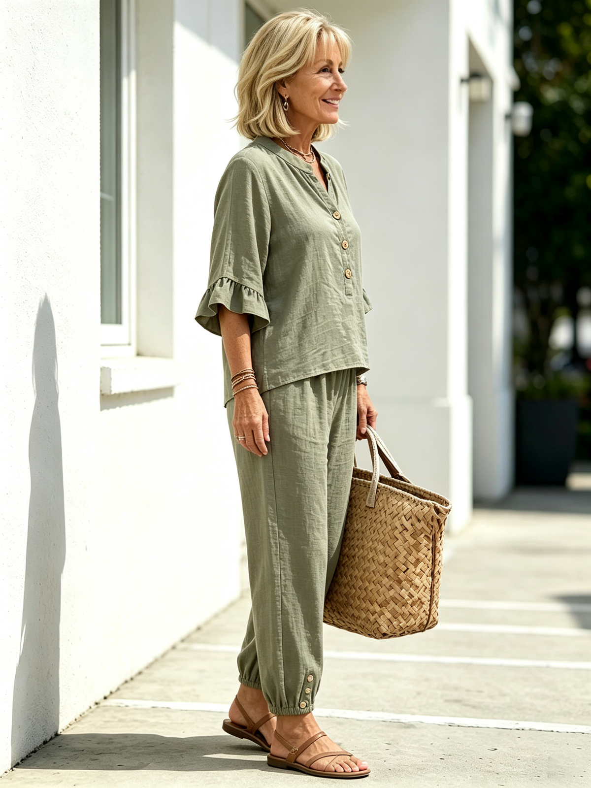 2Pcs Casual Matching Outfit Set, Mandarin Collar Half Button Top, Ruffle Edge Seven-quarter Sleeve Blouse, Solid Lightweight Textured Fabric, Elastic Waist Nine-quarter Jogger Pants with Button Hem Detail, Relaxed Loose Fit Co-Ord Suit for Daily L
