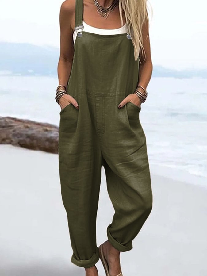 Women'S Casual Solid Color Cotton And Linen Overalls