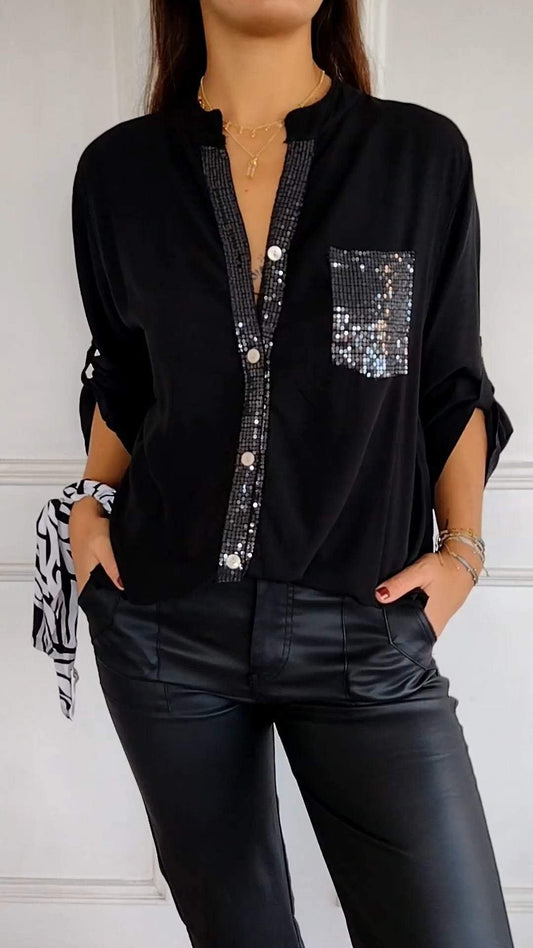 Cotton V-neck Sequin Mid-sleeve Casual Top (Buy 3 Free Shipping)