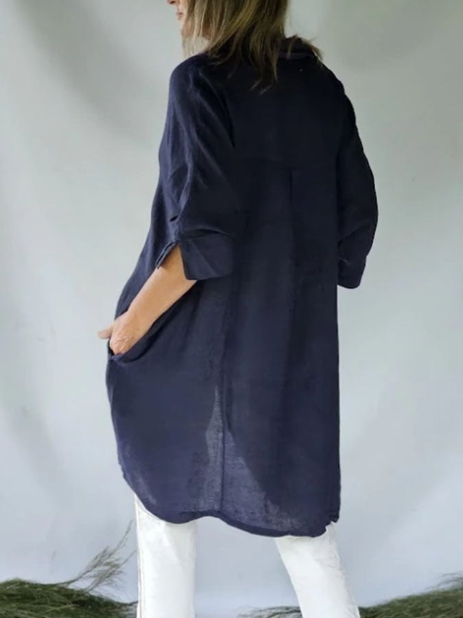 Women's Casual Solid Color Lapel Long Sleeve Button Cotton and Linen Shirt