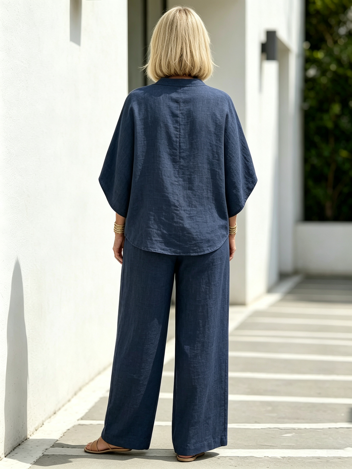 2Pcs Cotton and Linen Stand-up Collar Seven-quarter Sleeve Loose Sleeve Casual Suit