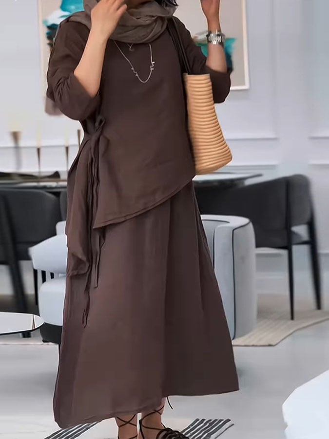 Women's Casual Solid Color Round Neck Long Sleeves Irregular Hem Cotton and Linen Tops and Skirts Two-Piece Set