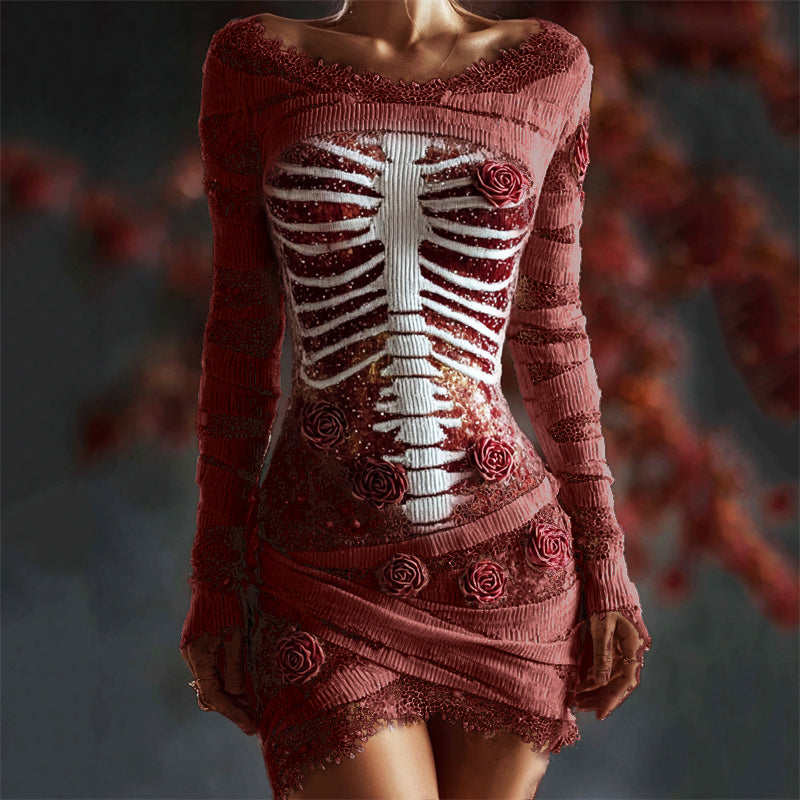 Halloween Bloody Red Roses Rib Cage Lace Comfy Mini Dress