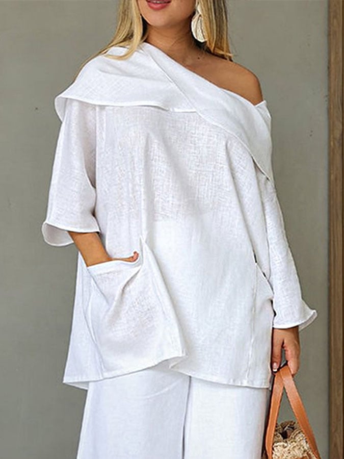 Women's Casual Solid Color Long Sleeve Cotton and Linen Top