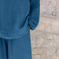 Women's Casual V-neck Pullover Long Sleeve + Pocket Trousers Cotton and Linen Suit