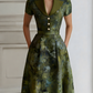 Floral Lapel Short Sleeve Midi Dress With Tailored Waist