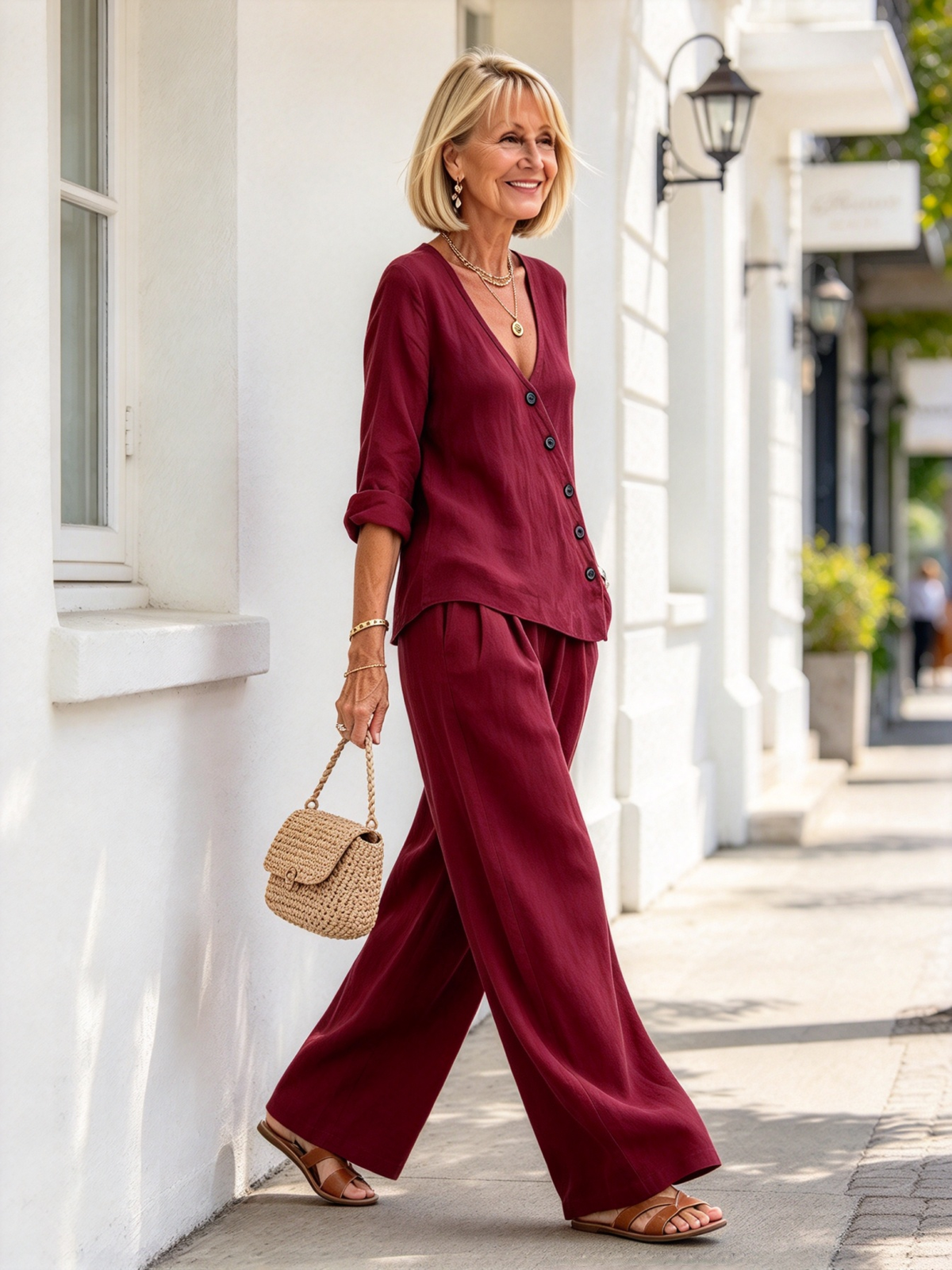Minimalist Temperament Cotton and Linen V-neck Diagonal Button-up Shirt Wide-leg Pants Two-piece Set