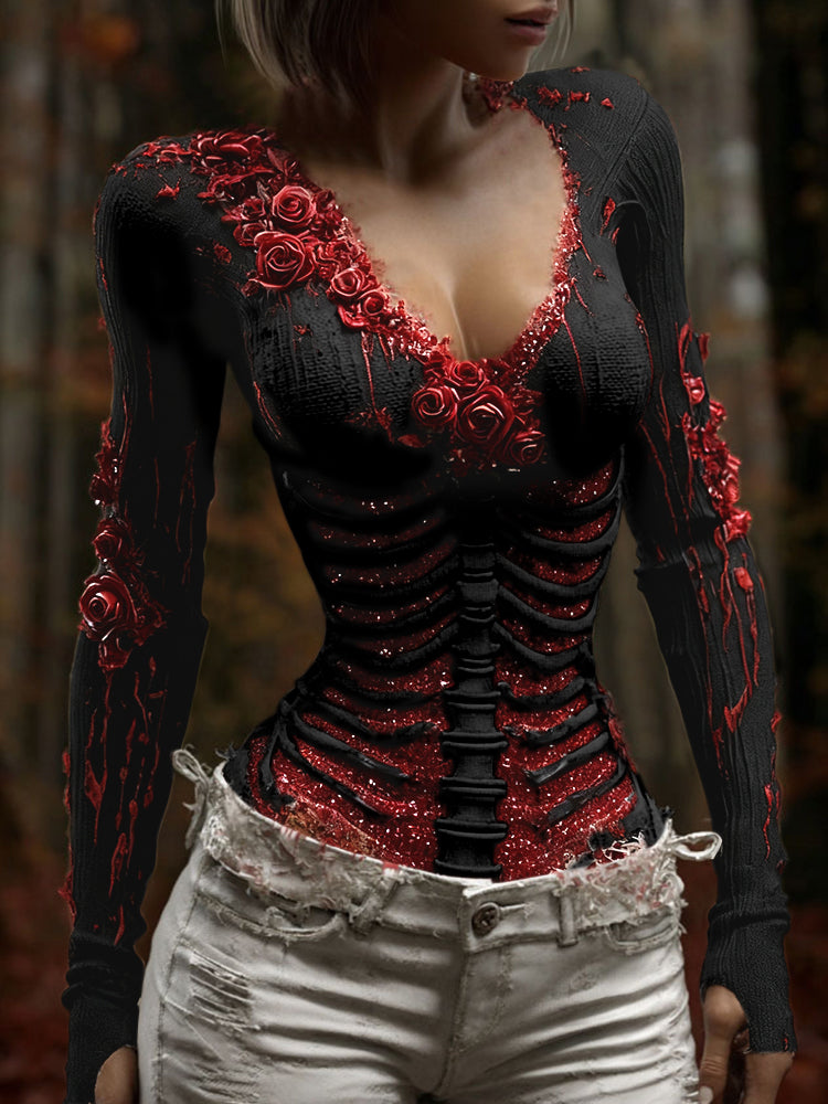 Women's Vintage Halloween Pattern Rose Linen Blend Art T-shirt