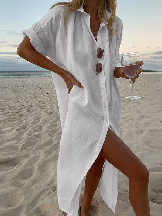 Women's Casual Solid Color Long Sleeve Mid-Length Cotton and Linen Shirt Dress