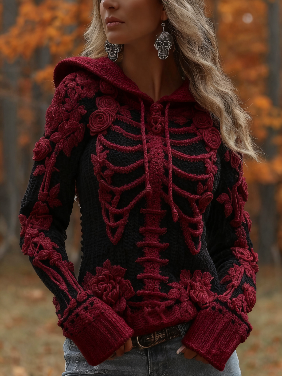 Women's Halloween Skeleton Bones With Roses Art Knitted Warm Hooded Sweater
