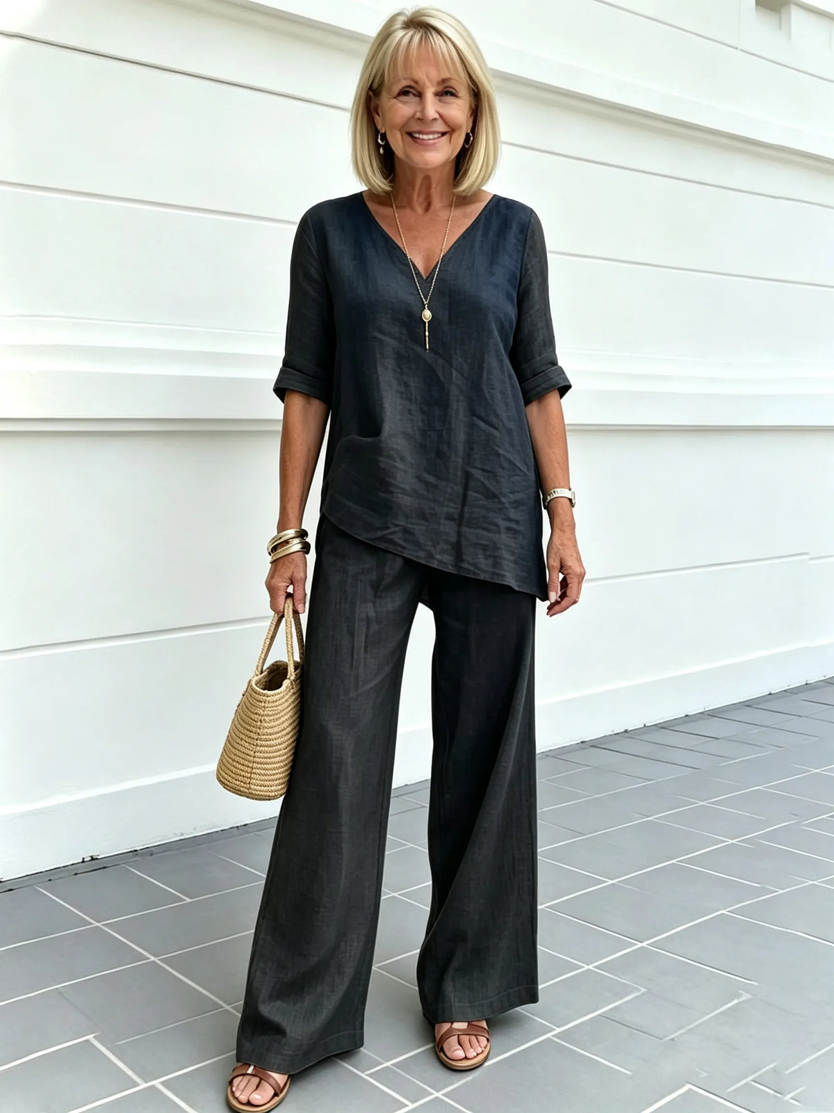 Casual Cotton and Linen Solid Color Fashion Casual Medium Sleeve V-neck Top Set