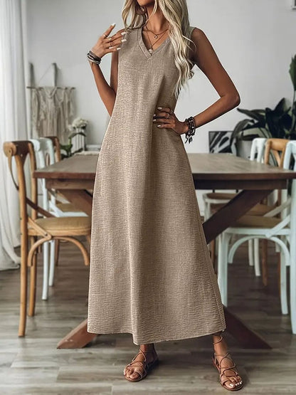 Women'S Casual Solid Color V-Neck Sleeveless Cotton and Linen Dress