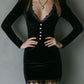 Chic Pleat Waist Black Velvet Mini Dress With Lace Trim